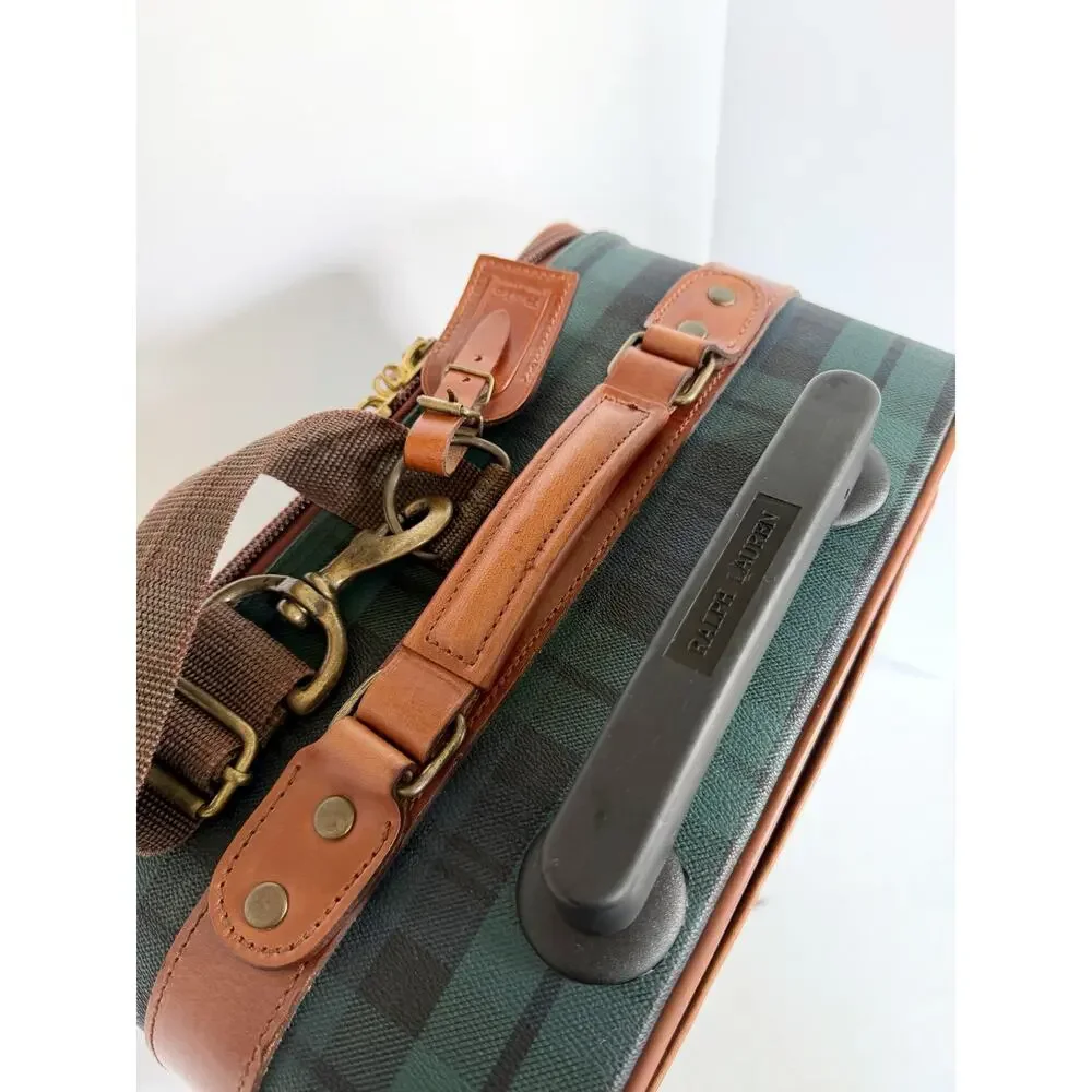 Polo Ralph Lauren Blackwatch Plaid Carry On Luggage Suitcase Leather Navy Green